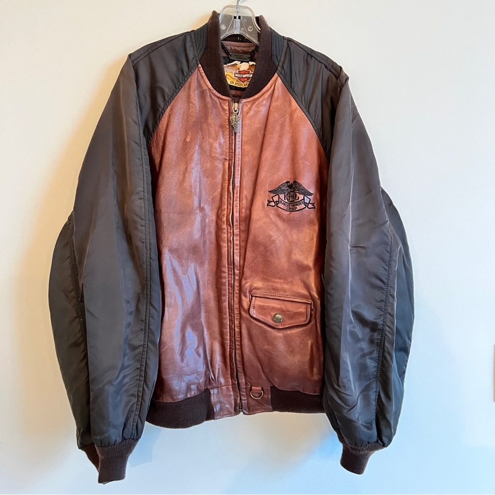 Vintage 1980s Harley Davidson Motorcycle Leather Bomber Jacket, Brown Size Large